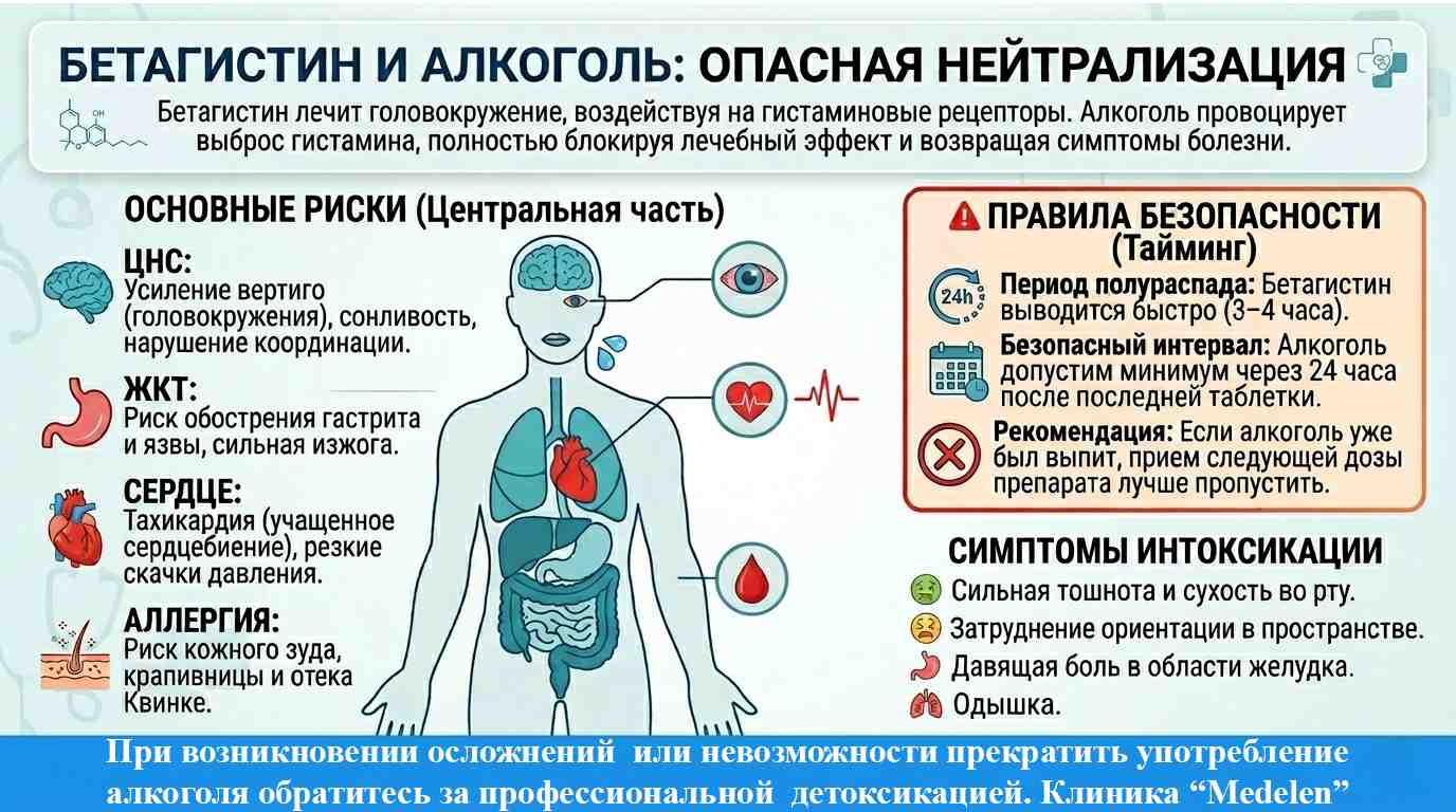 Схема взаимодействия Бетагистина и алкоголя: риски для ЖКТ, ЦНС и аллергические реакции.