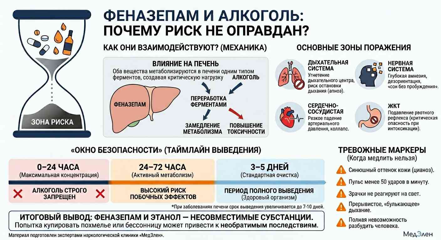 Медицинская схема рисков при одновременном употреблении феназепама с алкоголем. Поражение печени, легких, сердца и нервной системы.